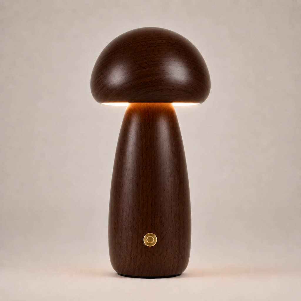 Table Lamp, Sculptural Mushroom Design, Wood And Metal, Dimmable Warm White LED 11