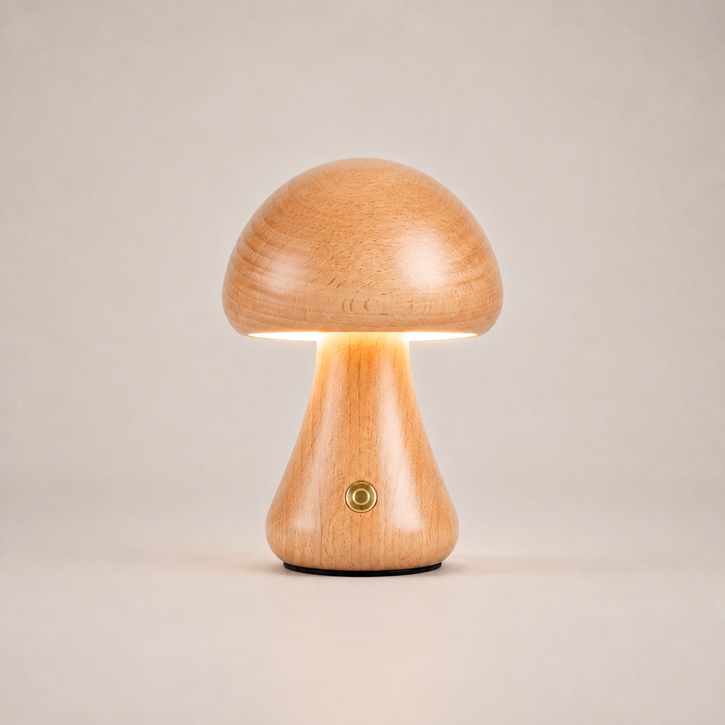 Table Lamp, Sculptural Mushroom Design, Wood And Metal, Dimmable Warm White LED 12