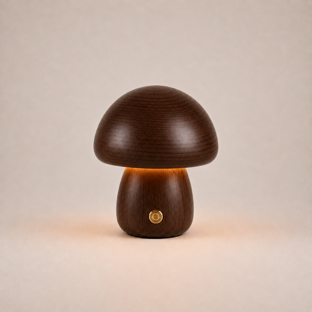 Table Lamp, Sculptural Mushroom Design, Wood And Metal, Dimmable Warm White LED 13