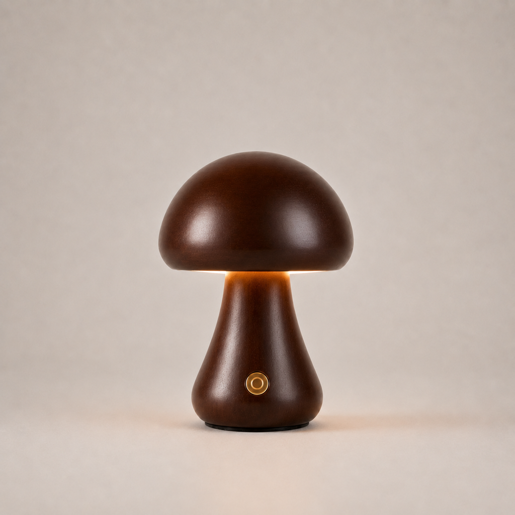 Table Lamp, Sculptural Mushroom Design, Wood And Metal, Dimmable Warm White LED 14
