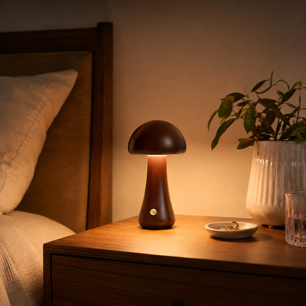 Table Lamp, Sculptural Mushroom Design, Wood And Metal, Dimmable Warm White LED 2