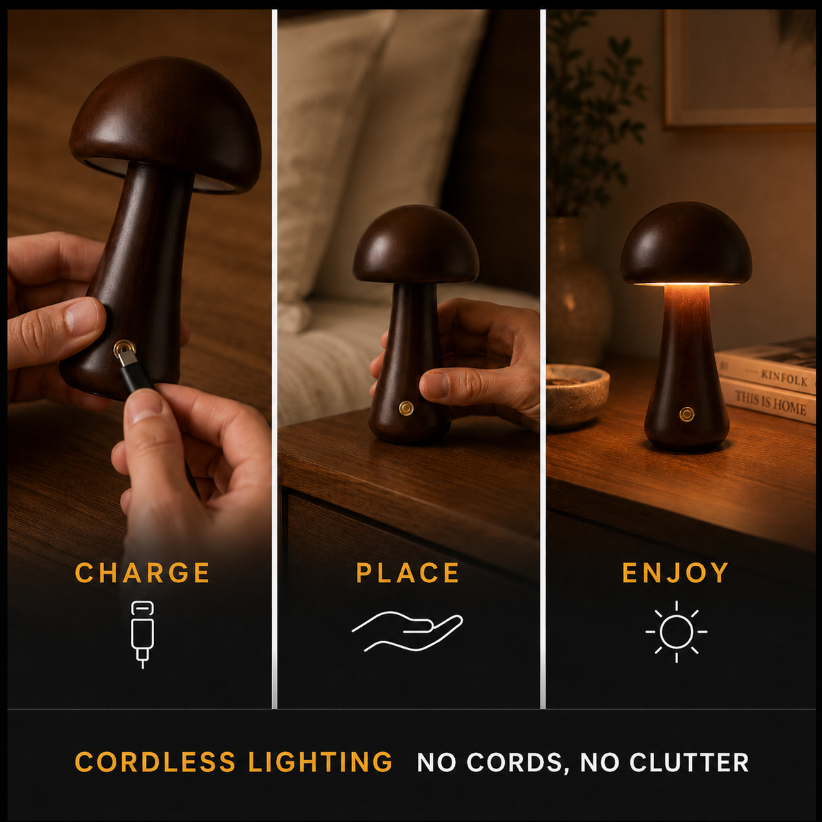 Table Lamp, Sculptural Mushroom Design, Wood And Metal, Dimmable Warm White LED 4