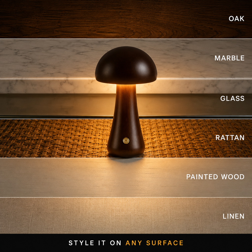 Table Lamp, Sculptural Mushroom Design, Wood And Metal, Dimmable Warm White LED 5