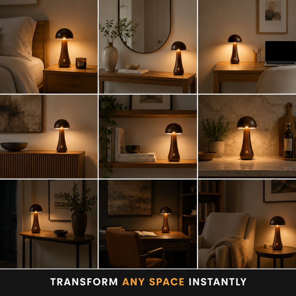 Table Lamp, Sculptural Mushroom Design, Wood And Metal, Dimmable Warm White LED 6