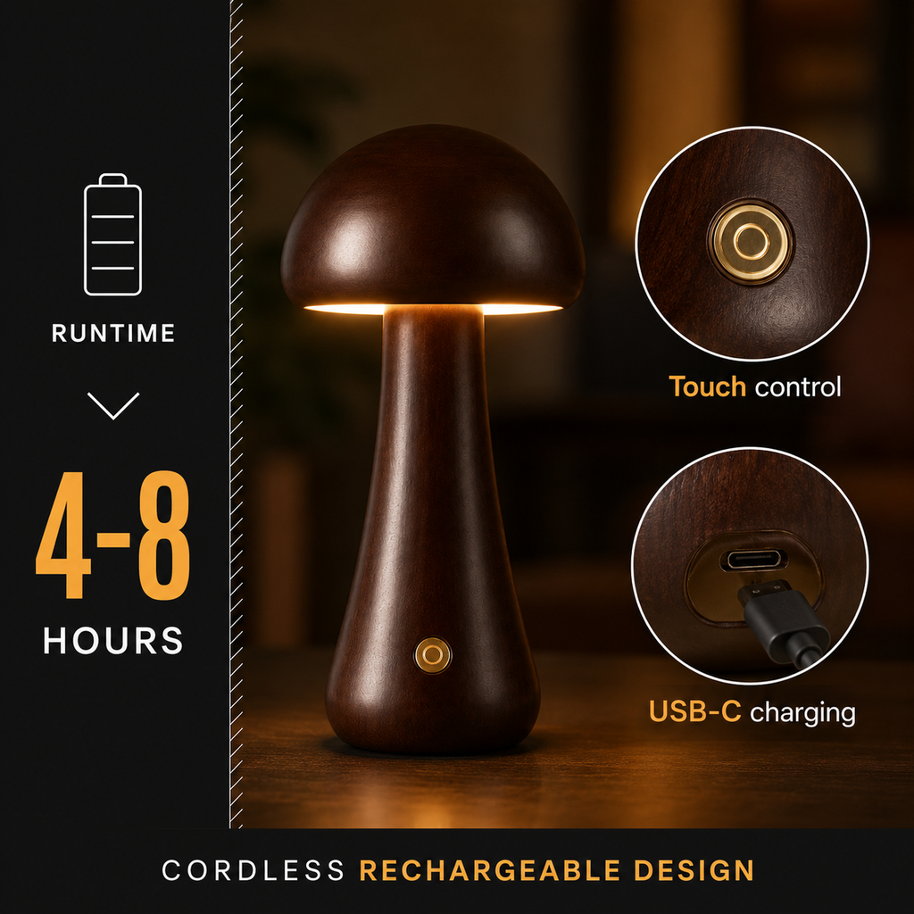 Table Lamp, Sculptural Mushroom Design, Wood And Metal, Dimmable Warm White LED 7