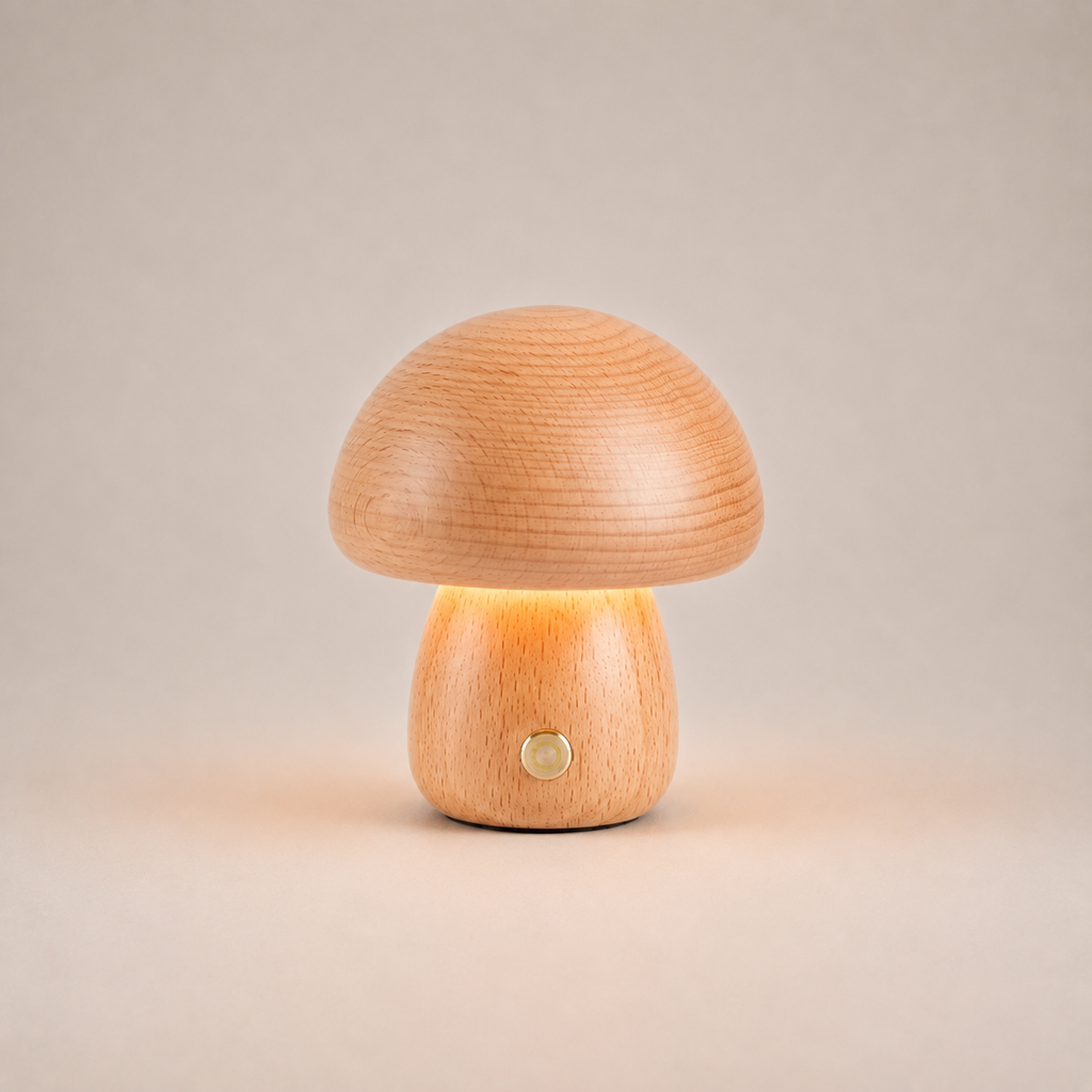 Table Lamp, Sculptural Mushroom Design, Wood And Metal, Dimmable Warm White LED 9