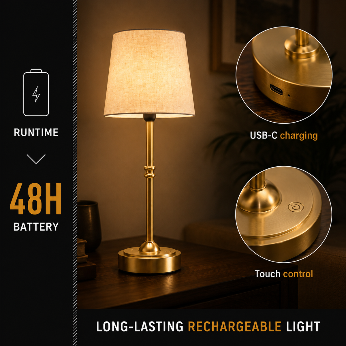 Table Lamp, Wireless Rechargeable Design, 48 Hour Operating Time, Touch Control 6
