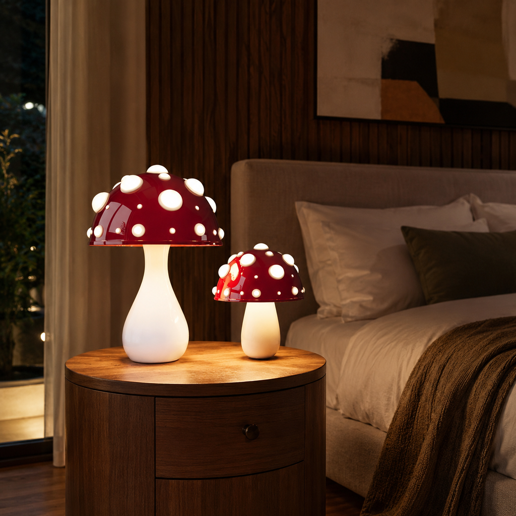 Table Lamp | Amanita Mushroom Design, Aluminum And Acrylic, Red And White 0