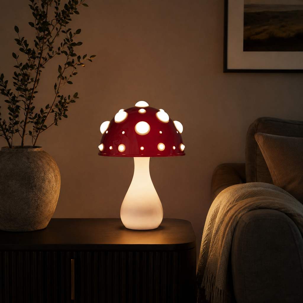 Table Lamp | Amanita Mushroom Design, Aluminum And Acrylic, Red And White 3