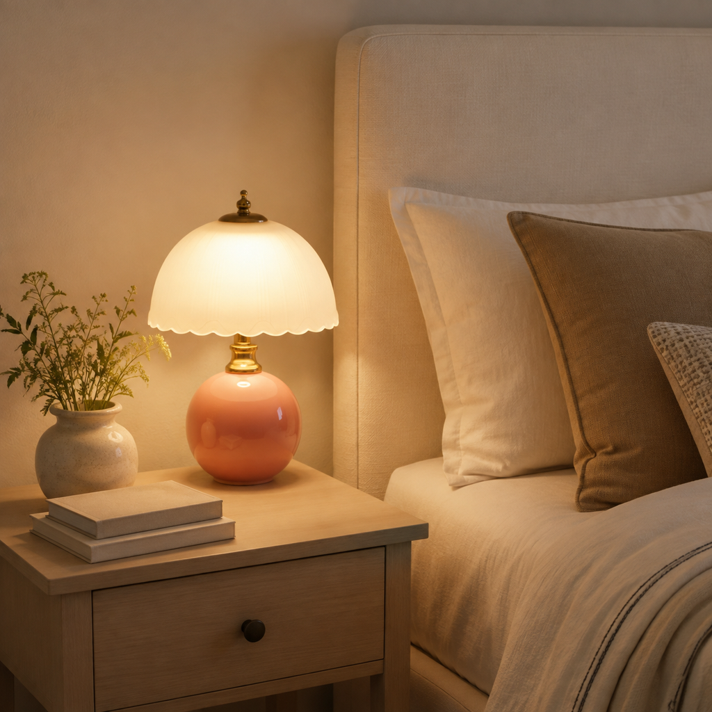 Table Lamp | Half Dome Ceramic Base And Glass Shade, Integrated LED, Pink 0