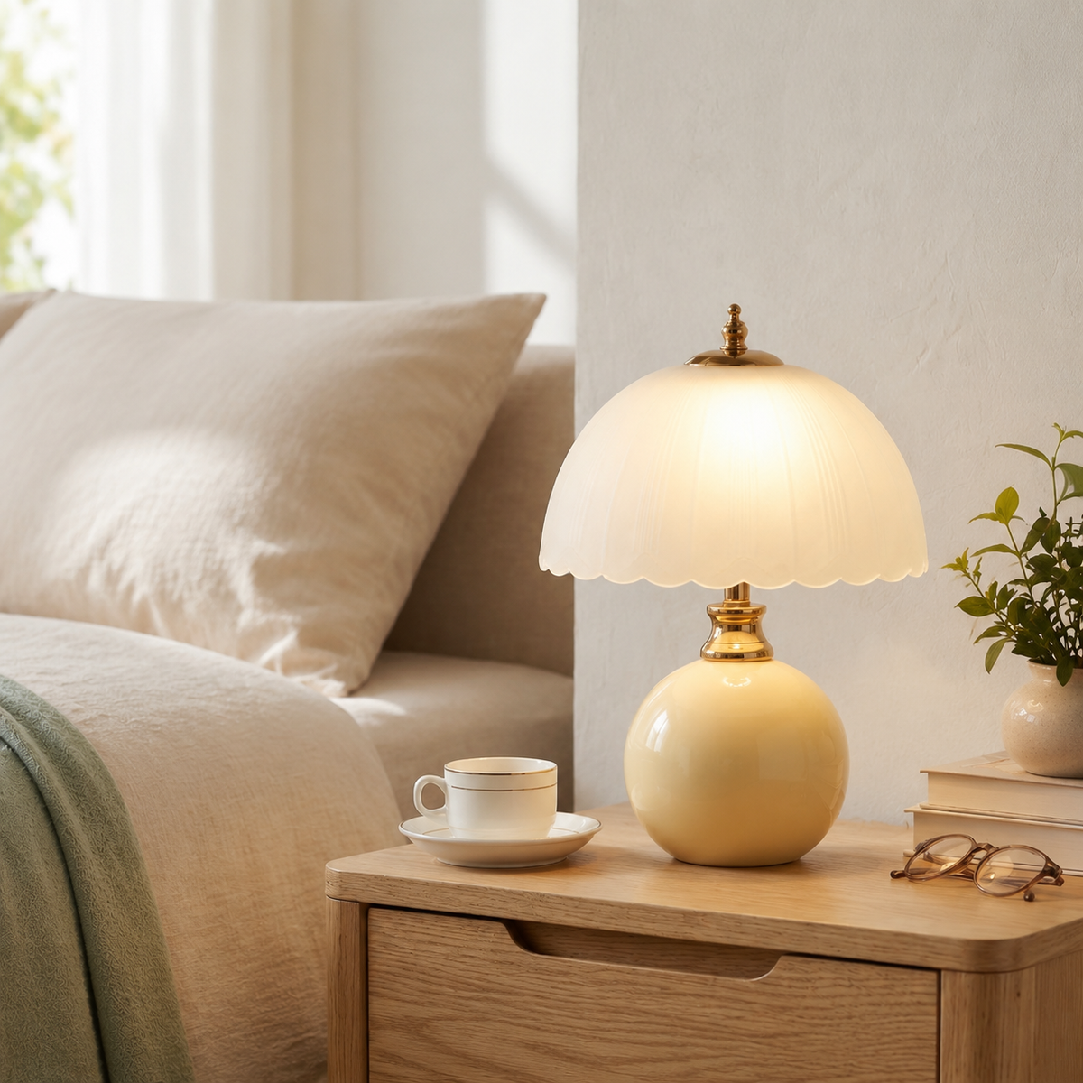 Table Lamp | Half Dome Ceramic Base And Glass Shade, Integrated LED, Pink 1