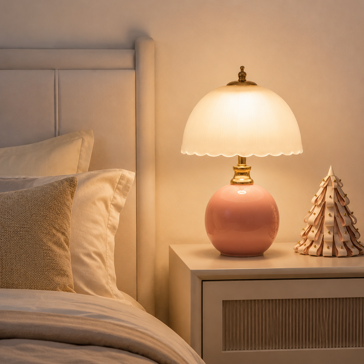 Table Lamp | Half Dome Ceramic Base And Glass Shade, Integrated LED, Pink 3