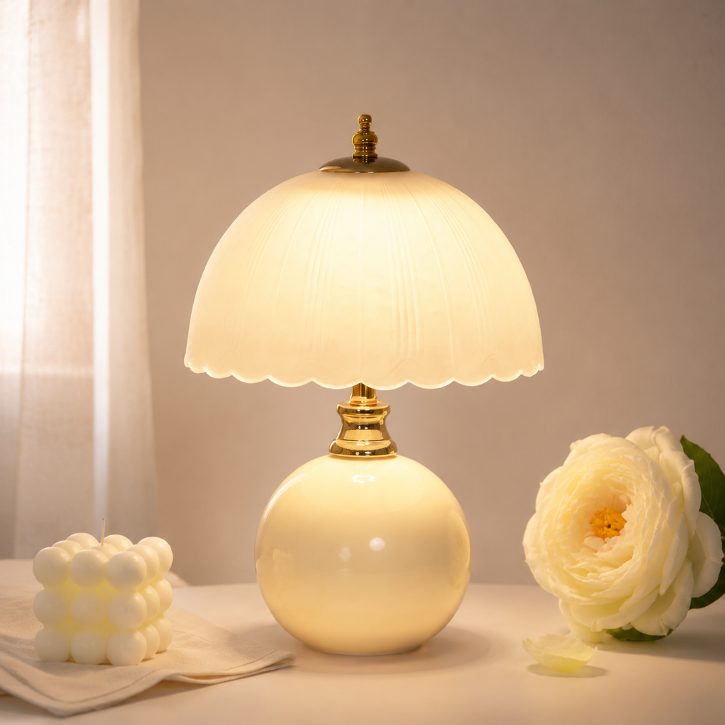 Table Lamp | Half Dome Ceramic Base And Glass Shade, Integrated LED, Pink 7