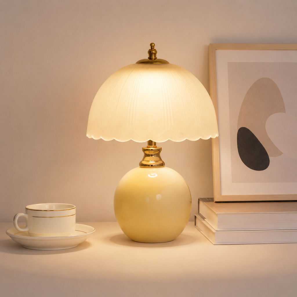 Table Lamp | Half Dome Ceramic Base And Glass Shade, Integrated LED, Pink 8
