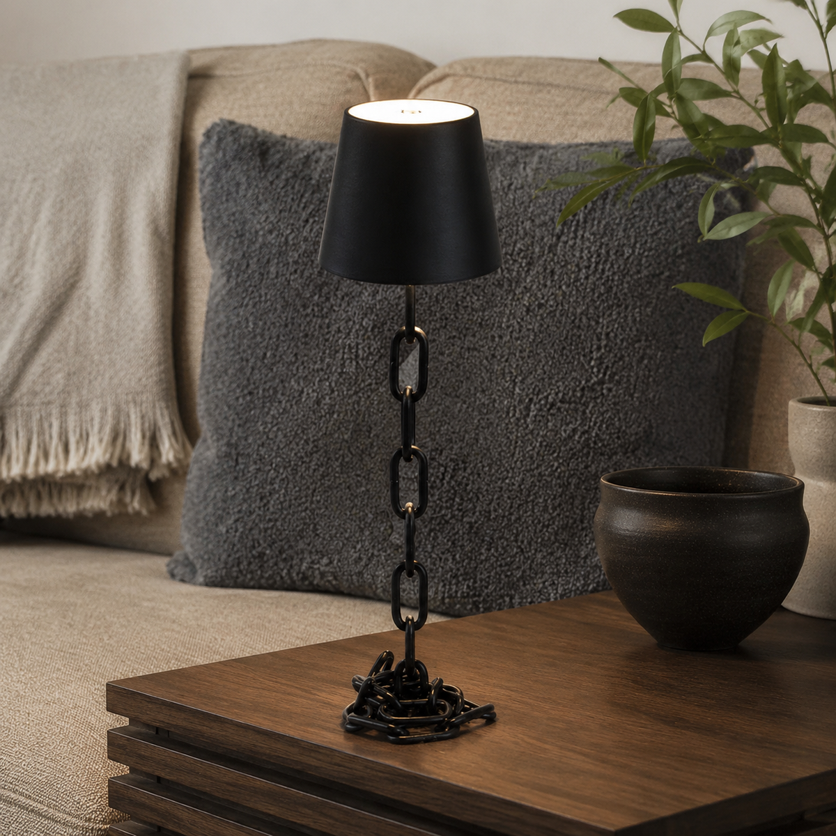 Table Lamp | Rechargeable Chain Link Touch LED Light, Metal, Black 3