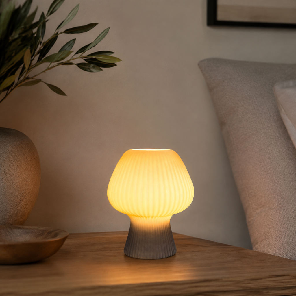 Table Lamp | Ribbed Mushroom Bedside Light, Glass, Smoke Gray Or White 0