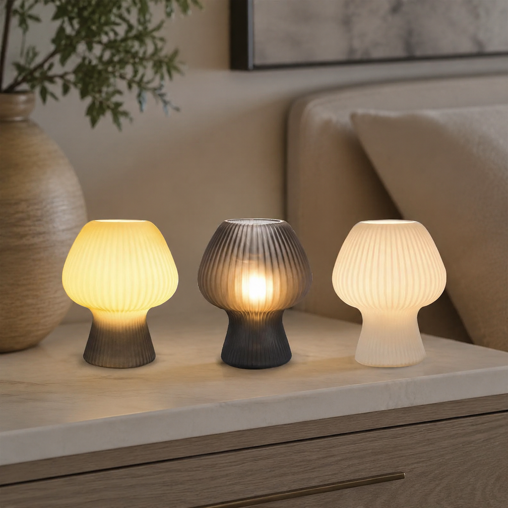 Table Lamp | Ribbed Mushroom Bedside Light, Glass, Smoke Gray Or White 1