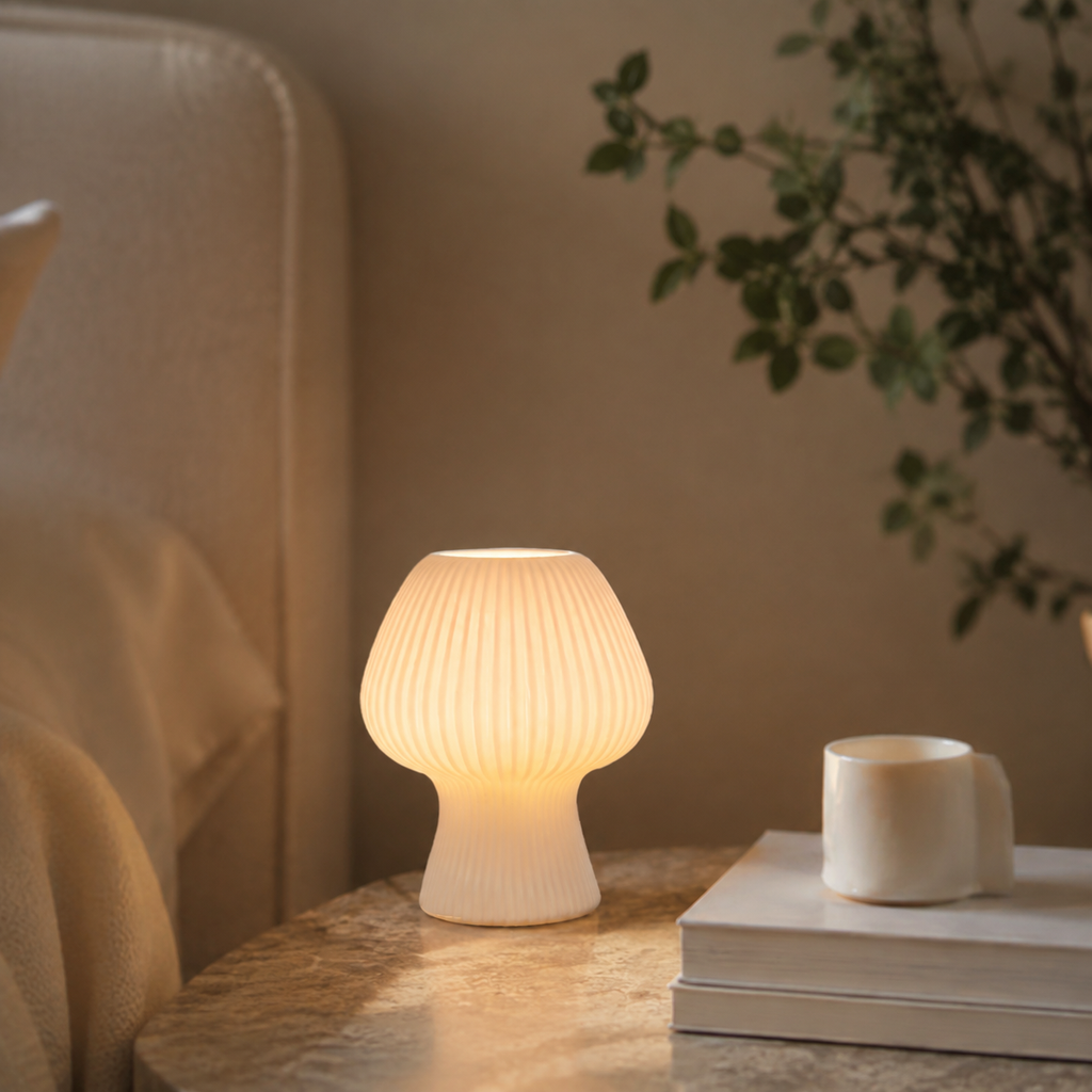 Table Lamp | Ribbed Mushroom Bedside Light, Glass, Smoke Gray Or White 2