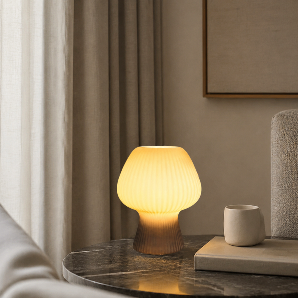 Table Lamp | Ribbed Mushroom Bedside Light, Glass, Smoke Gray Or White 3