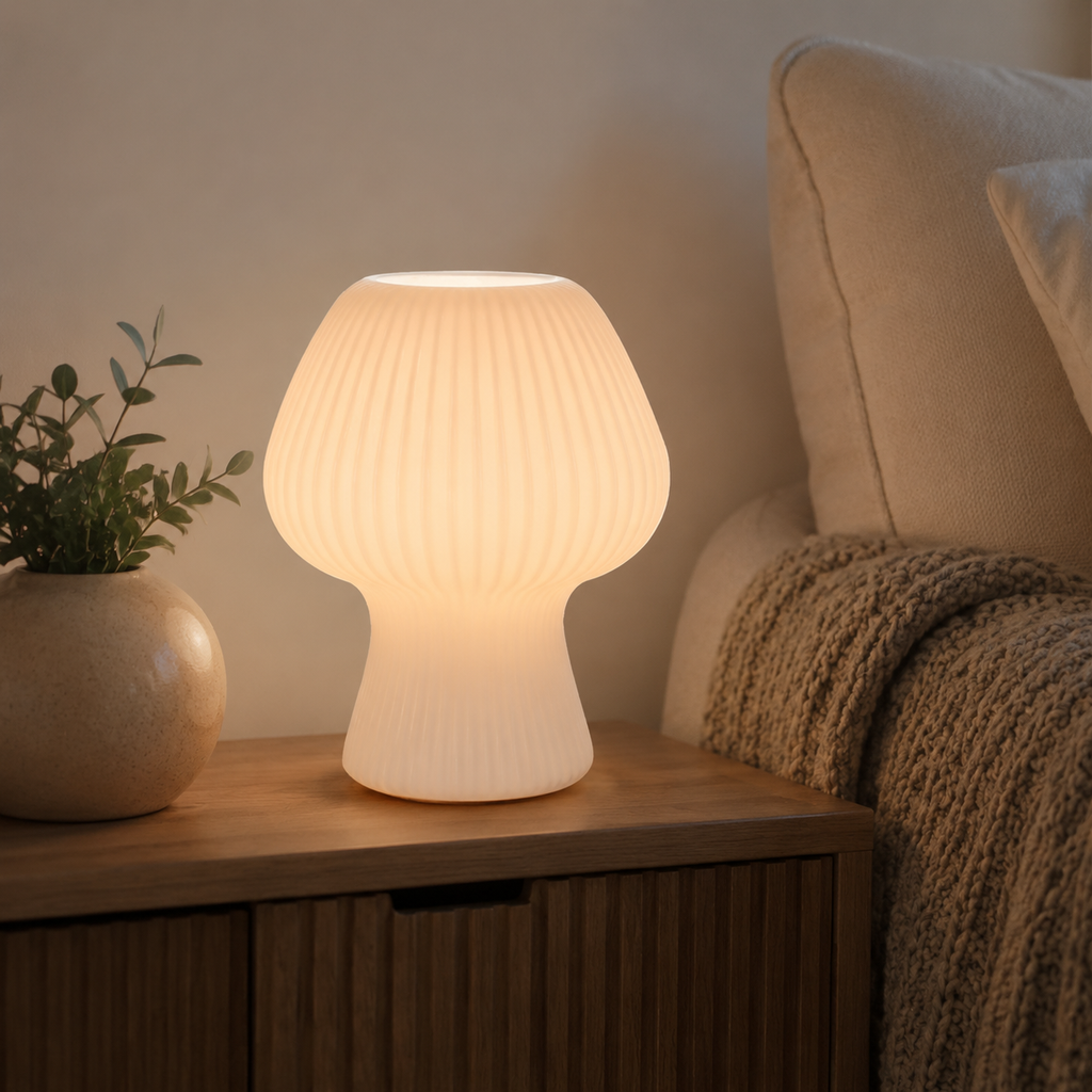 Table Lamp | Ribbed Mushroom Bedside Light, Glass, Smoke Gray Or White 4