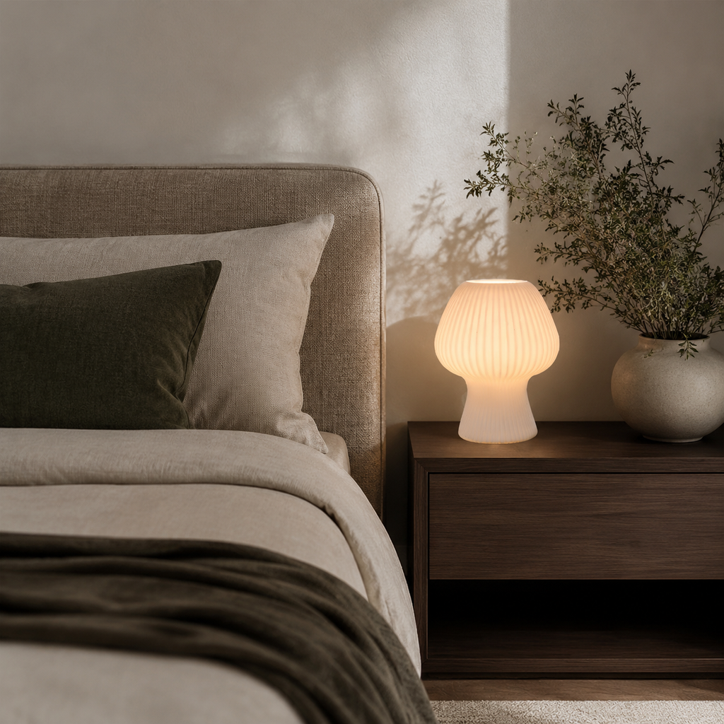 Table Lamp | Ribbed Mushroom Bedside Light, Glass, Smoke Gray Or White 5