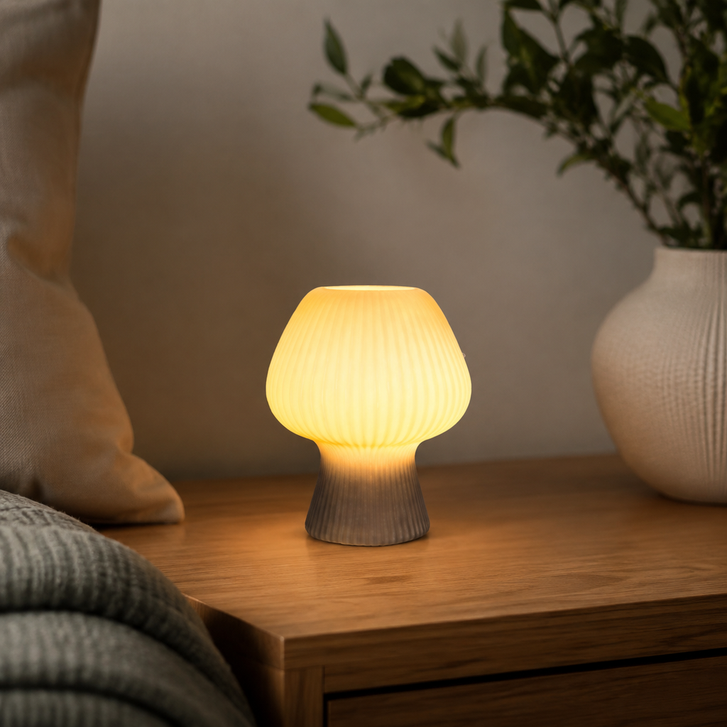 Table Lamp | Ribbed Mushroom Bedside Light, Glass, Smoke Gray Or White 6