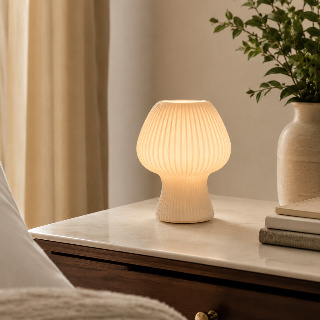 Table Lamp | Ribbed Mushroom Bedside Light, Glass, Smoke Gray Or White 7