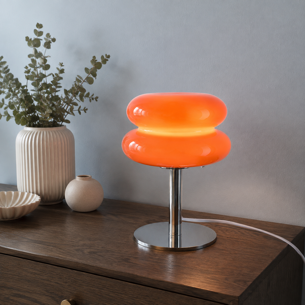 Table Lamp | Sculptural Glass Shade, Polished Metal Base, Orange 0