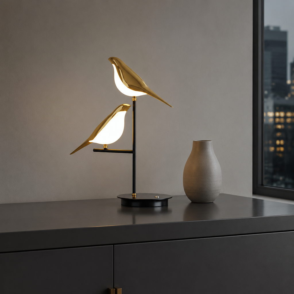 Table Lamp | Sculptural Two Bird LED Accent Light, Metal Construction, Gold Finish 0