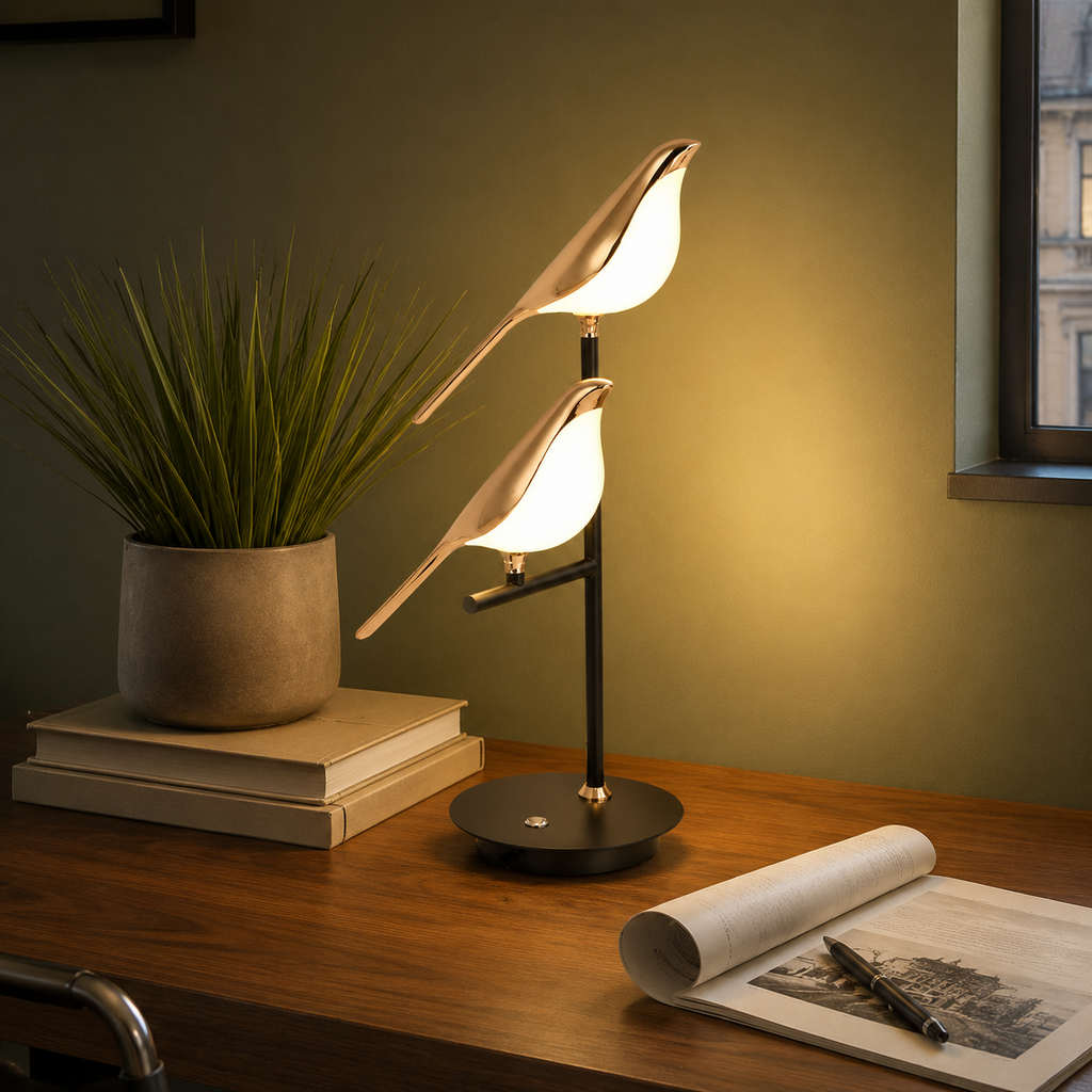 Table Lamp | Sculptural Two Bird LED Accent Light, Metal Construction, Gold Finish 1