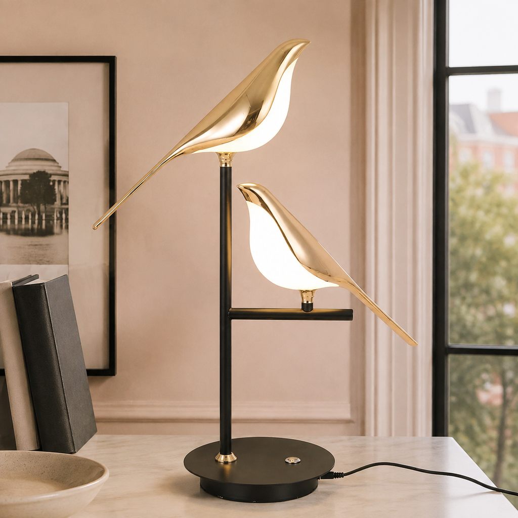 Table Lamp | Sculptural Two Bird LED Accent Light, Metal Construction, Gold Finish 2