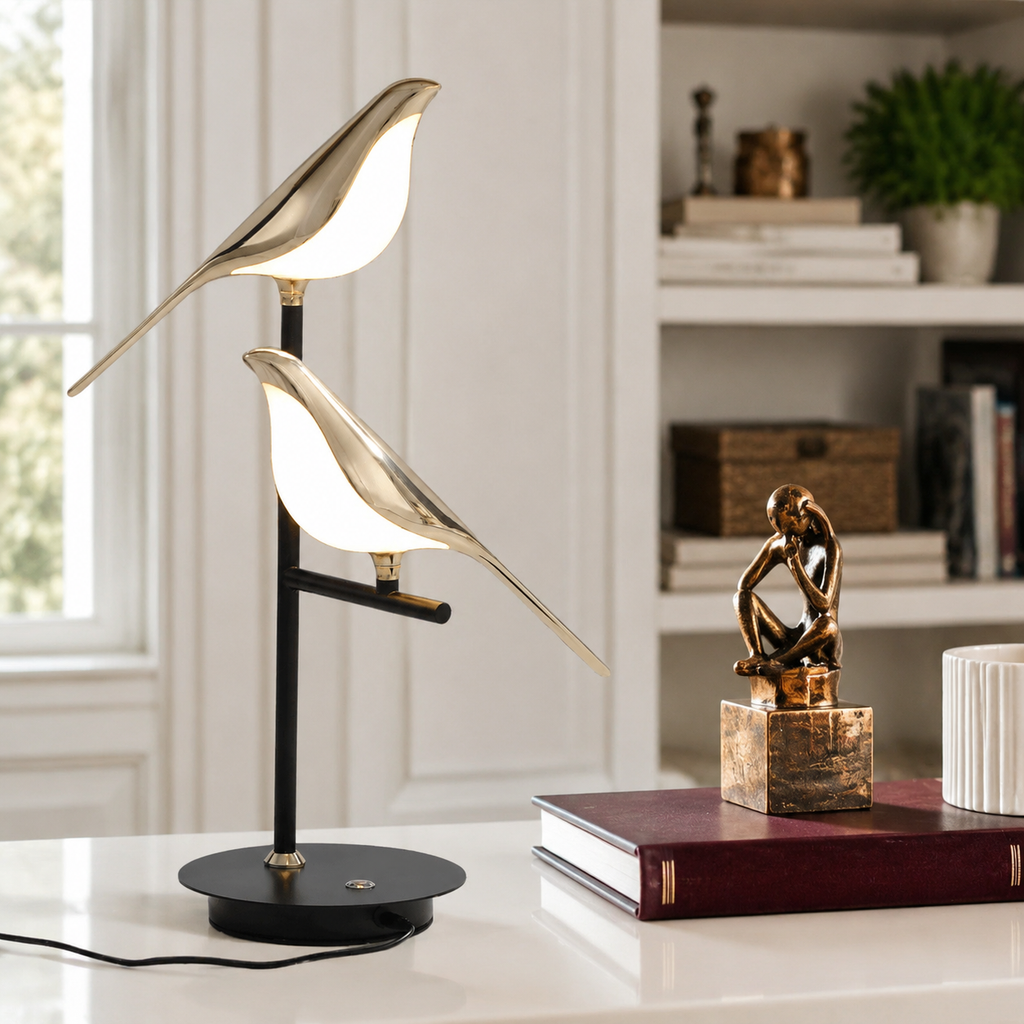Table Lamp | Sculptural Two Bird LED Accent Light, Metal Construction, Gold Finish 4