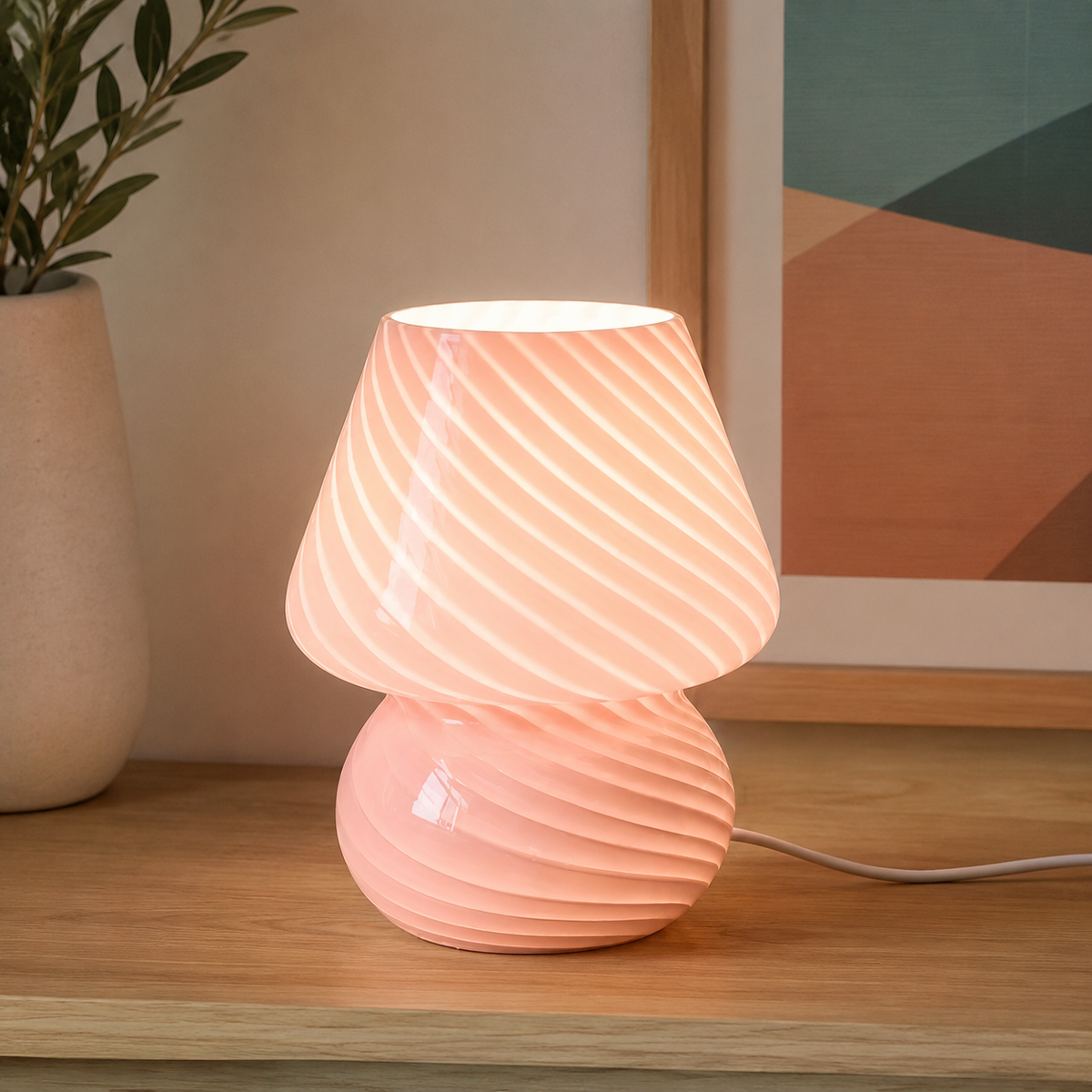 Table Lamp | Swirled Mushroom Design, Glass, White Pink And Beige 2
