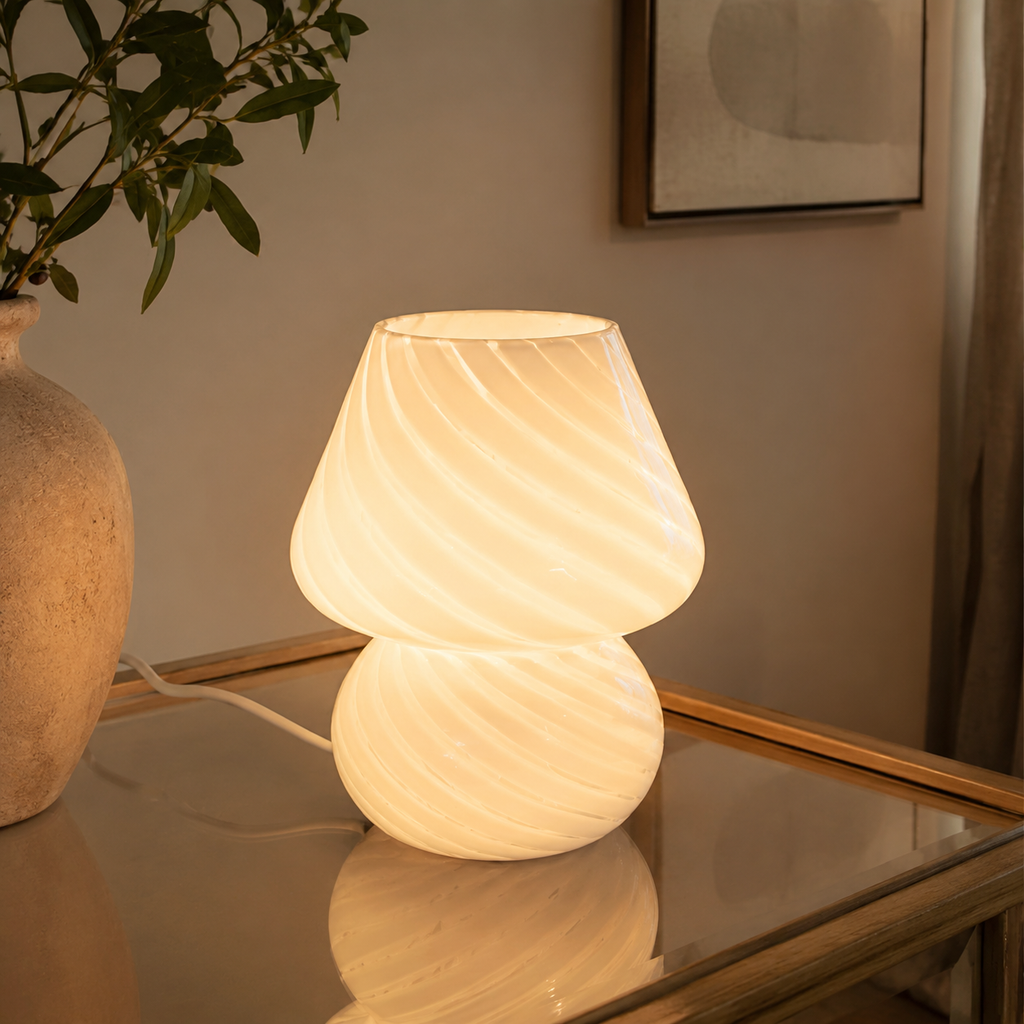Table Lamp | Swirled Mushroom Design, Glass, White Pink And Beige 3