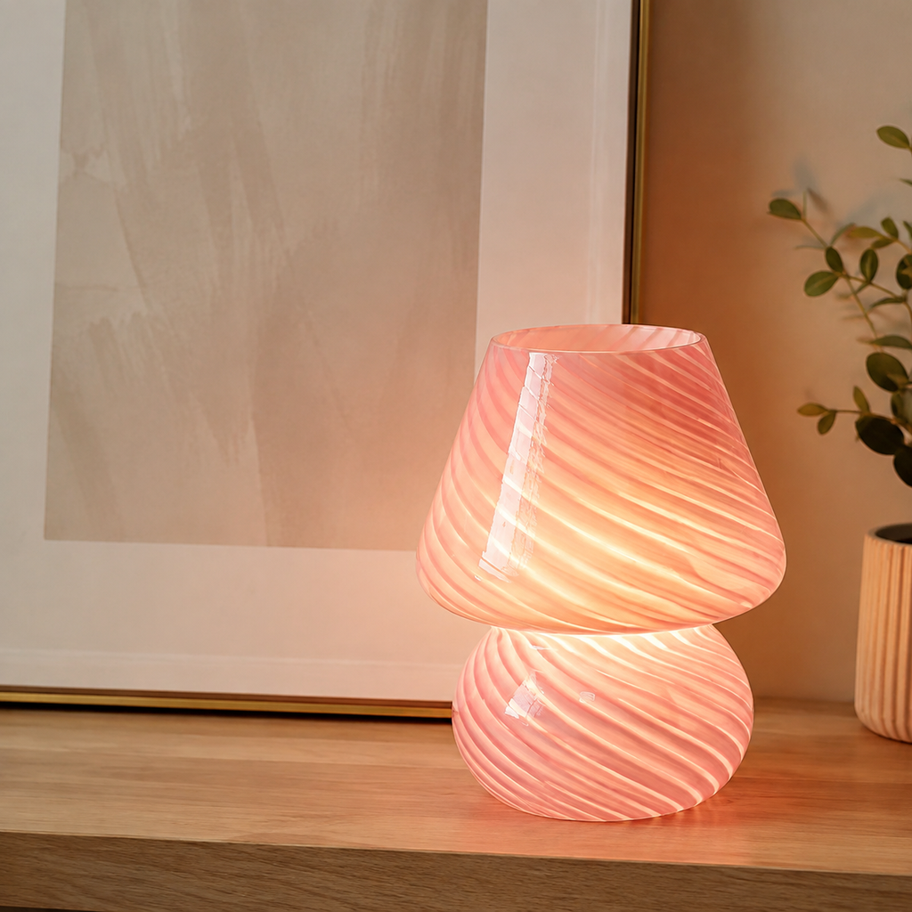 Table Lamp | Swirled Mushroom Design, Glass, White Pink And Beige 4