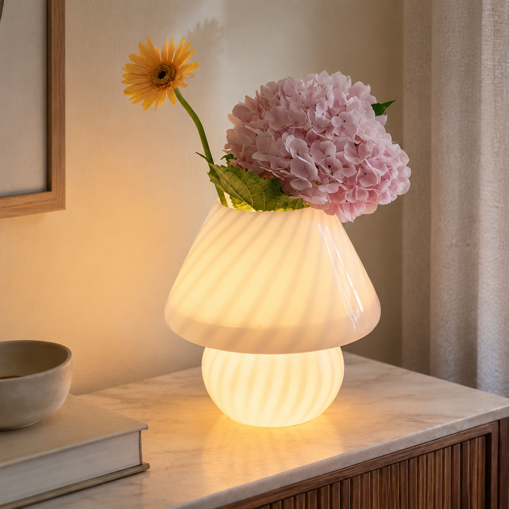 Table Lamp | Swirled Mushroom Design, Glass, White Pink And Beige 7