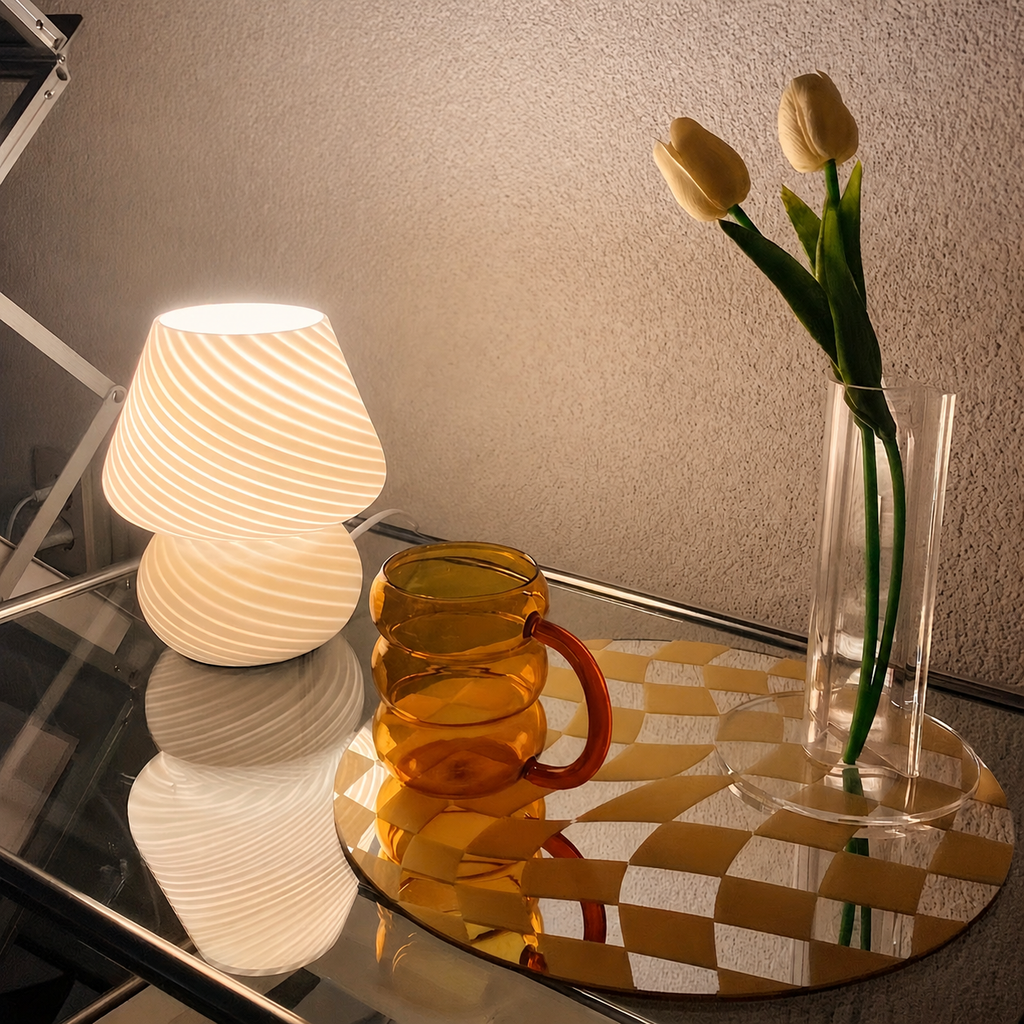 Table Lamp | Swirled Mushroom Design, Glass, White Pink And Beige 8