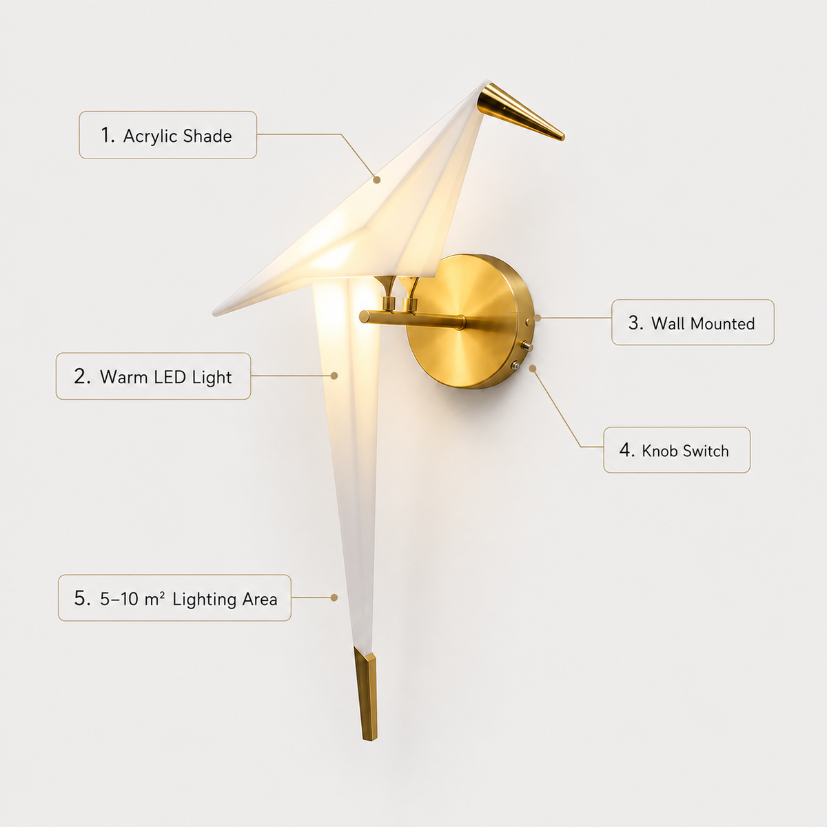 Wall Lamp Decorative Origami Bird Design, Acrylic and Iron, LED Light 1