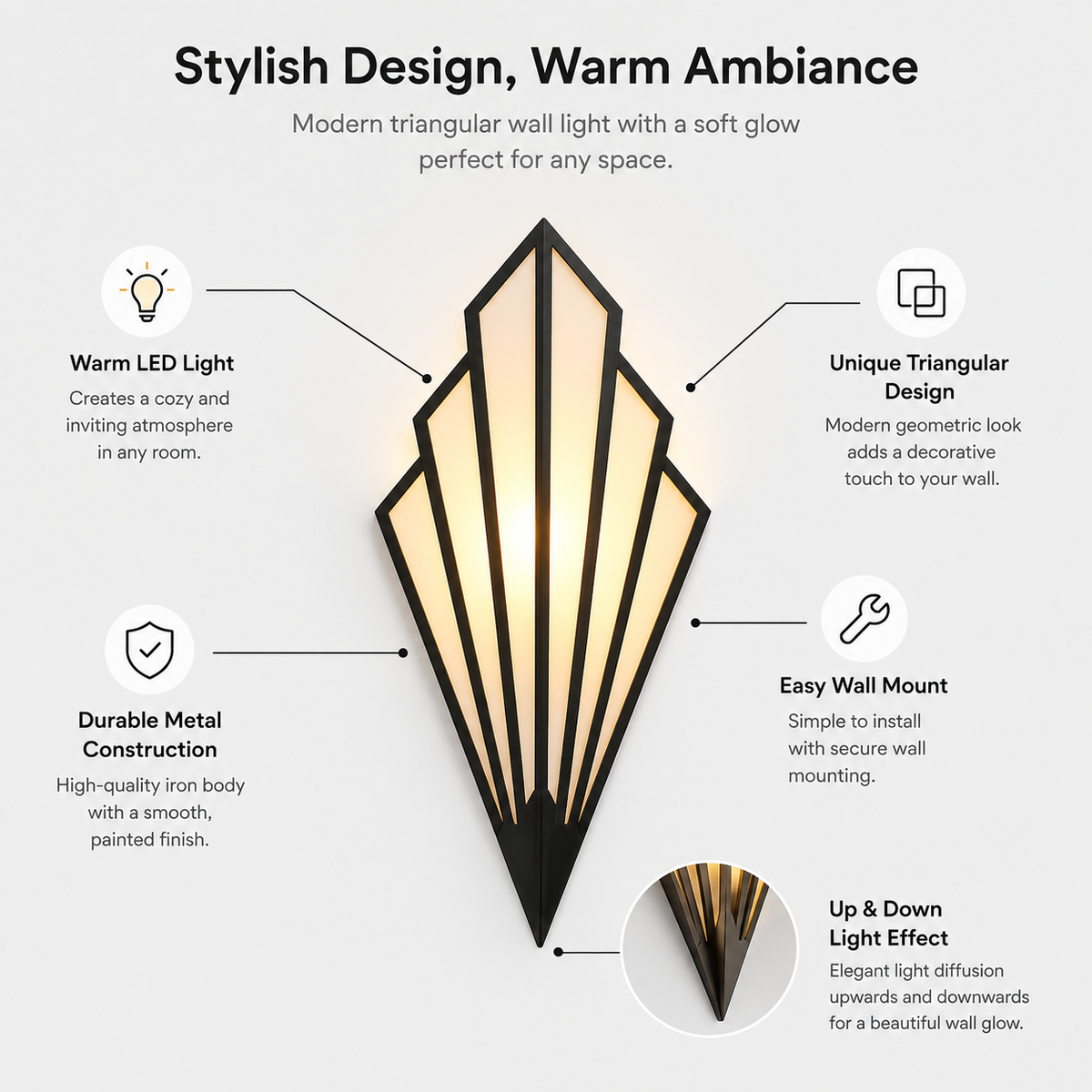 Wall Lamp Geometric Triangular Design, Painted Iron, LED Light 3