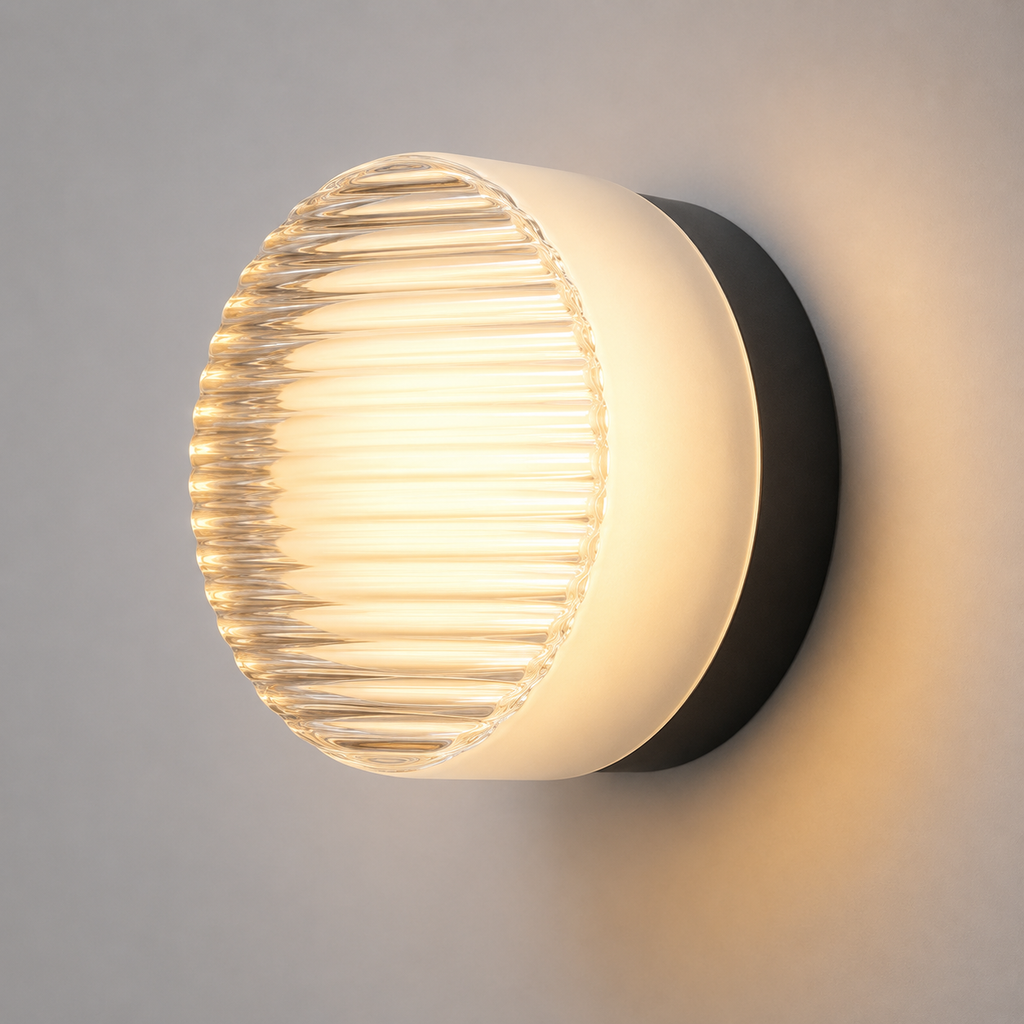 Wall Lamp Round Ribbed Design, Acrylic and Aluminum, Warm White LED Light 0
