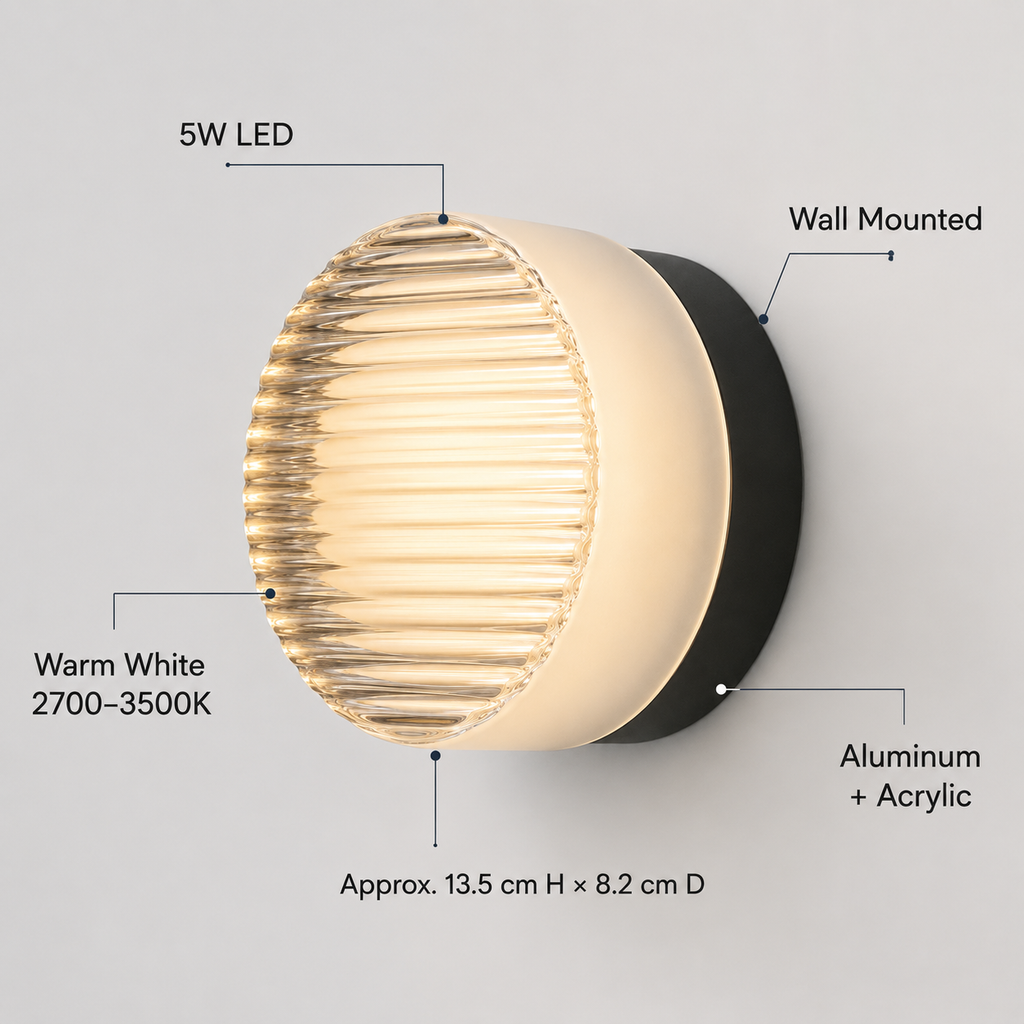 Wall Lamp Round Ribbed Design, Acrylic and Aluminum, Warm White LED Light 8