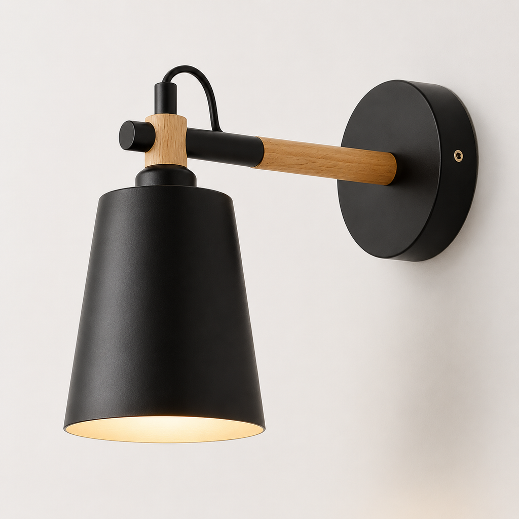 Wall Lamp Scandinavian Cone Design, Solid Wood and Iron, LED Light 0