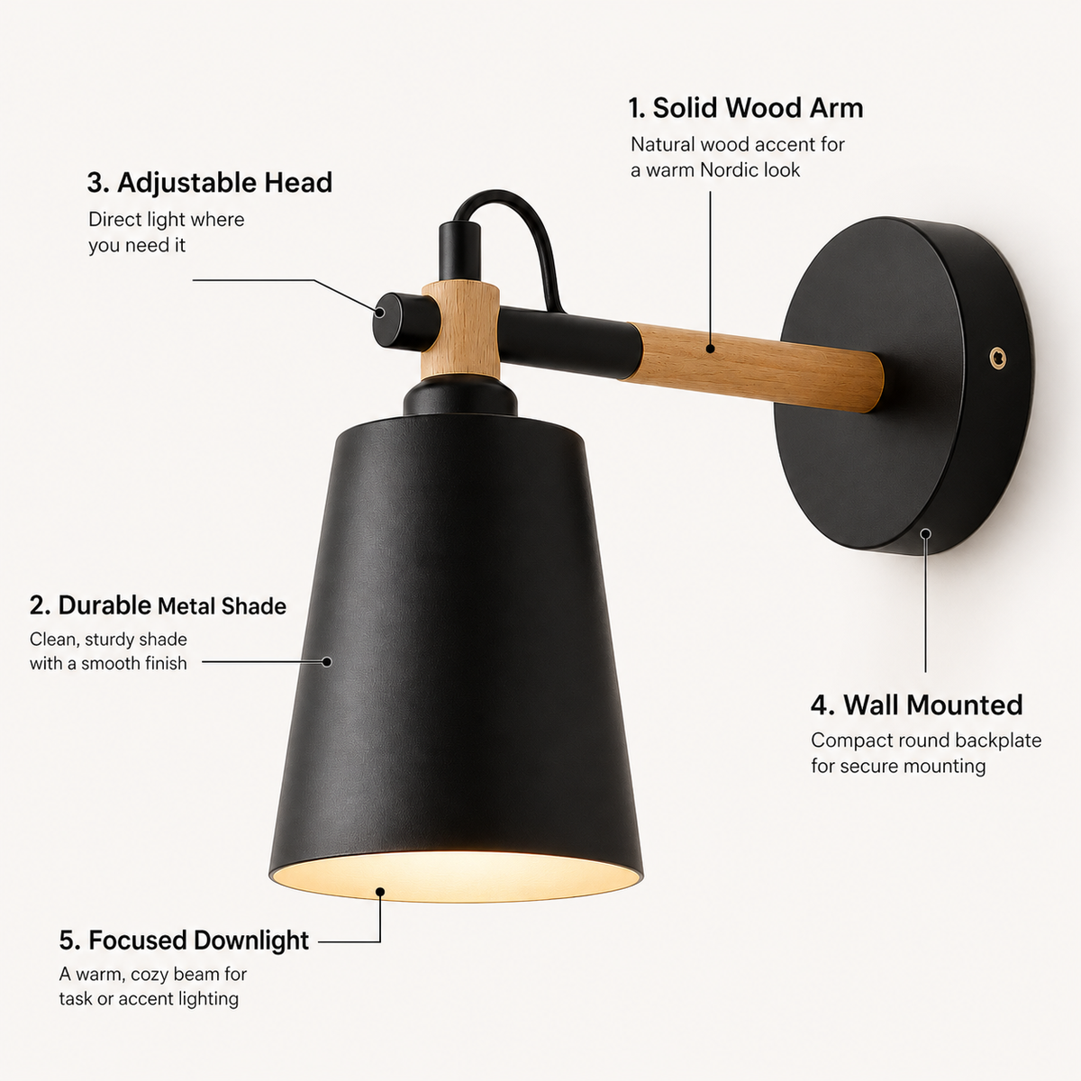 Wall Lamp Scandinavian Cone Design, Solid Wood and Iron, LED Light 6