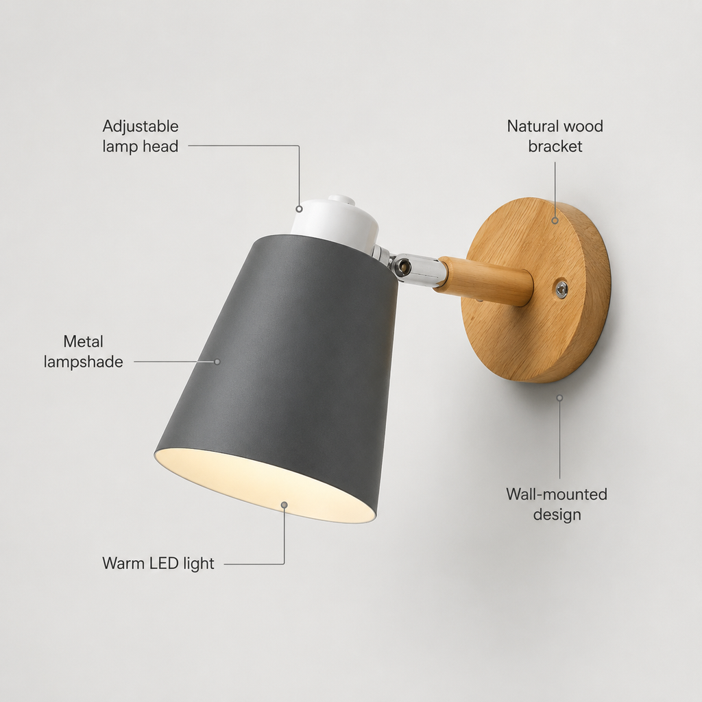 Wall Lamp With Adjustable Cone Shade, Wood and Metal, E27 LED Light 6