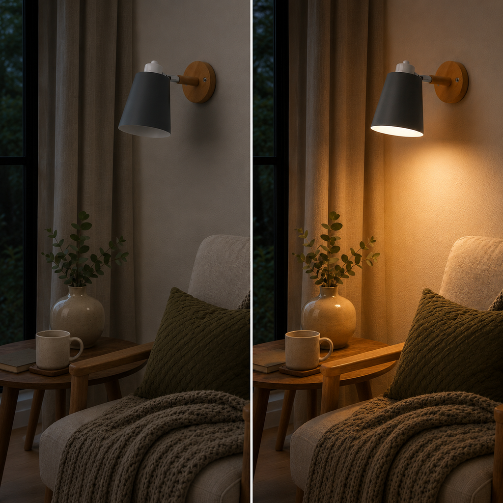 Wall Lamp With Adjustable Cone Shade, Wood and Metal, E27 LED Light 7