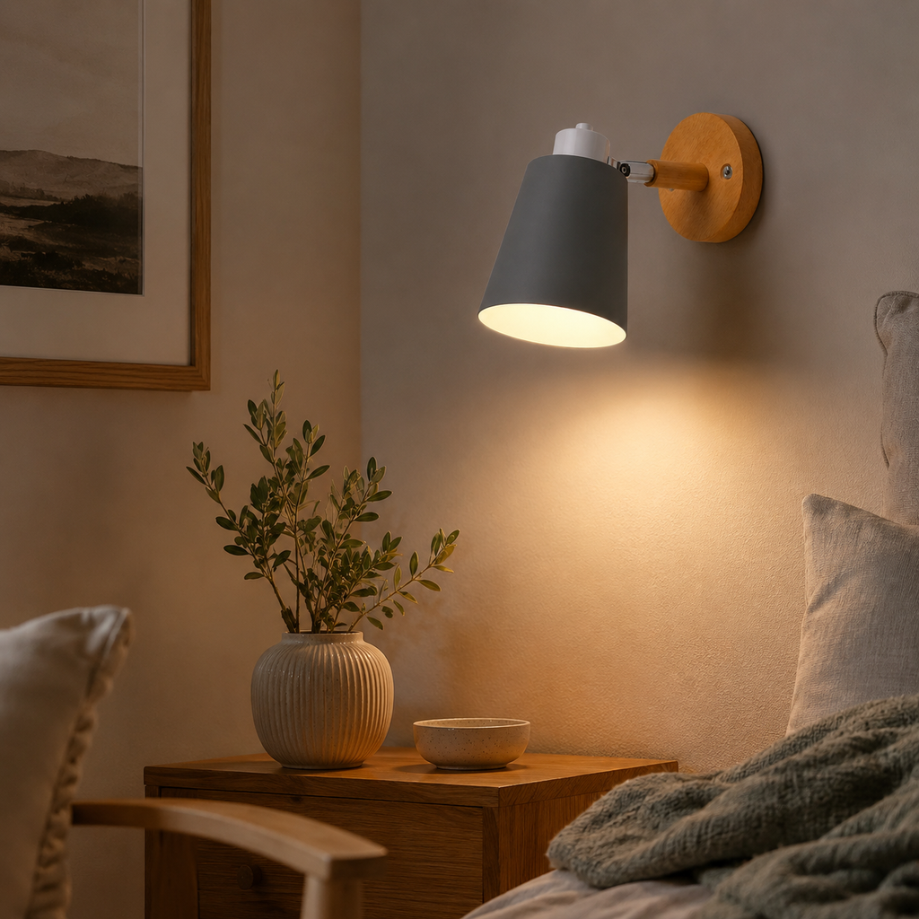 Wall Lamp With Adjustable Cone Shade, Wood and Metal, E27 LED Light 8