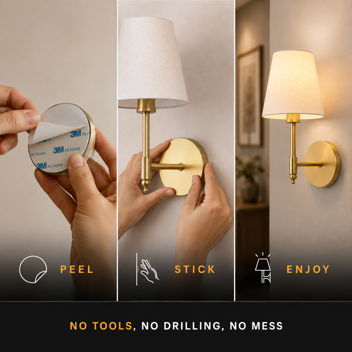 Wall Sconce Set, Cordless Adhesive or Screw Mounting, Tapered Shades, Set of Two 3