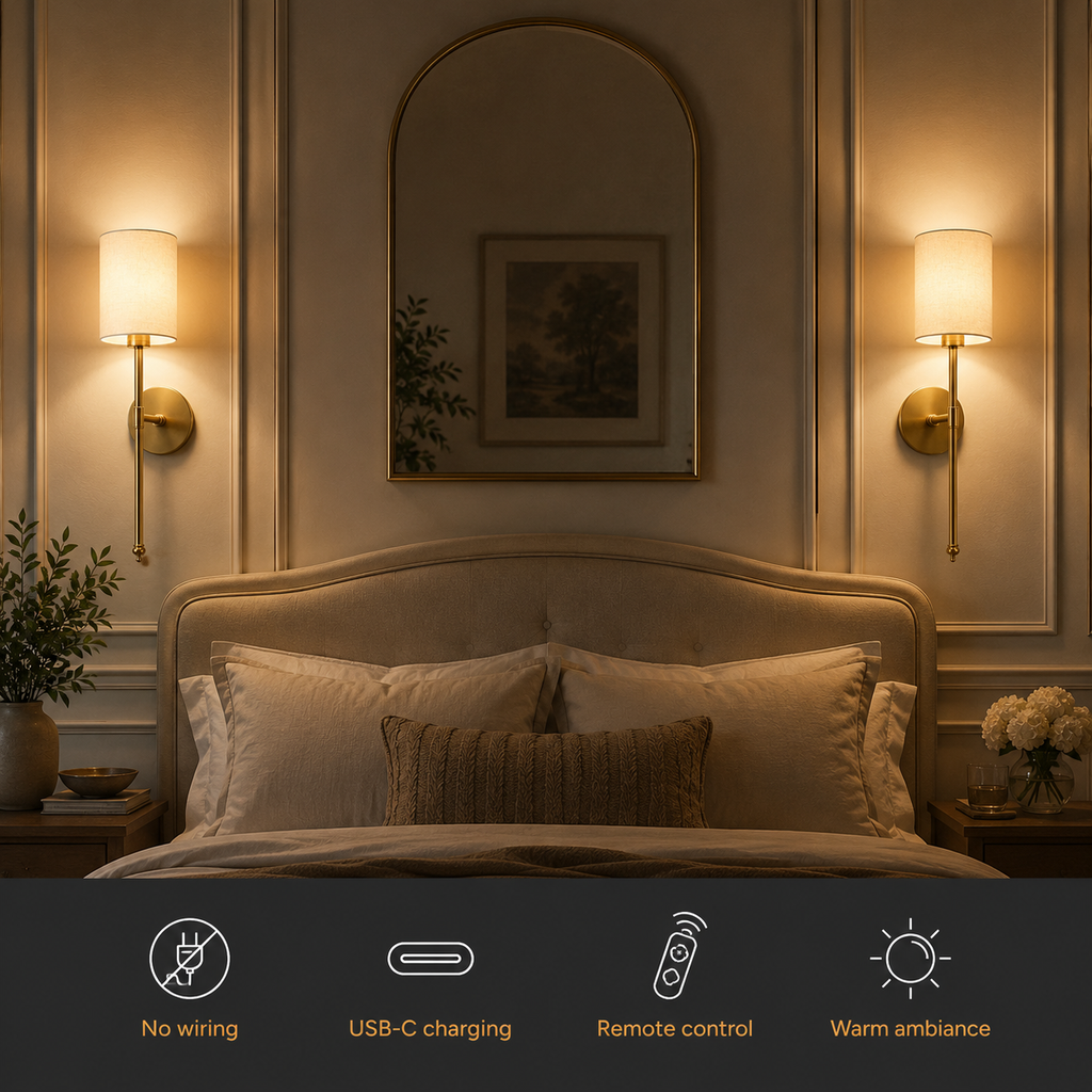 Wall Sconce Set, Cordless Cylindrical Design, Adhesive or Screw Mounting, Set of Two 7