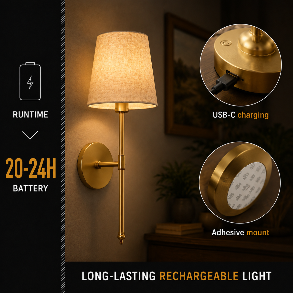 Wall Sconce Set, Cordless Peel and Stick Design, Remote Control Bulb Compatible, Set of Two 6