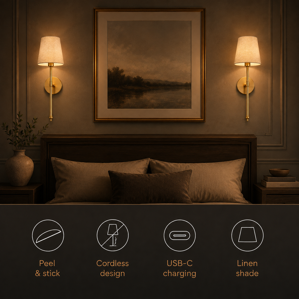 Wall Sconce Set, Cordless Peel and Stick Design, Remote Control Bulb Compatible, Set of Two 7